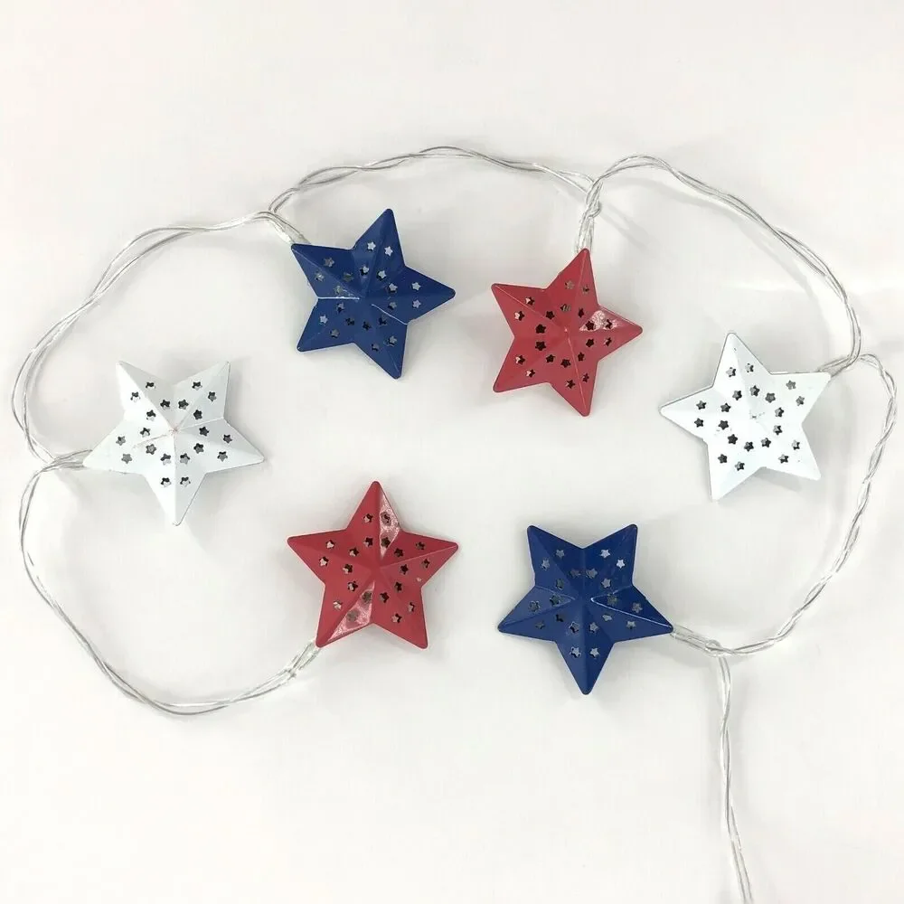 Pioneer Woman Red White Blue Patriotic Stars LED String Lights 10-pc Metal Timer